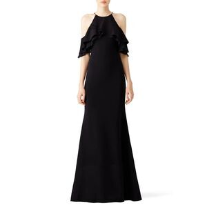 Badgley Mischka Black Crossover Ruffle Gown 💛